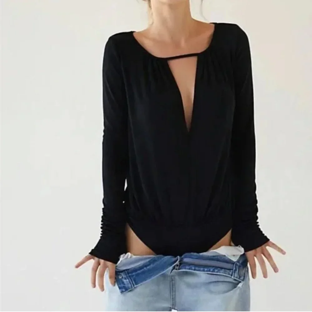 Free People New Kaya V Neck Keyhole Bodysuit Black Size XL - Picture 2 of 14